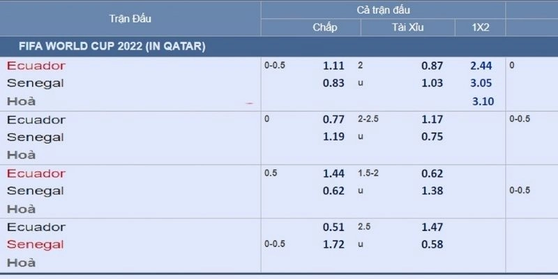 Ví dụ về một bảng kèo cặp đấu giữa Ecuador và Senegal